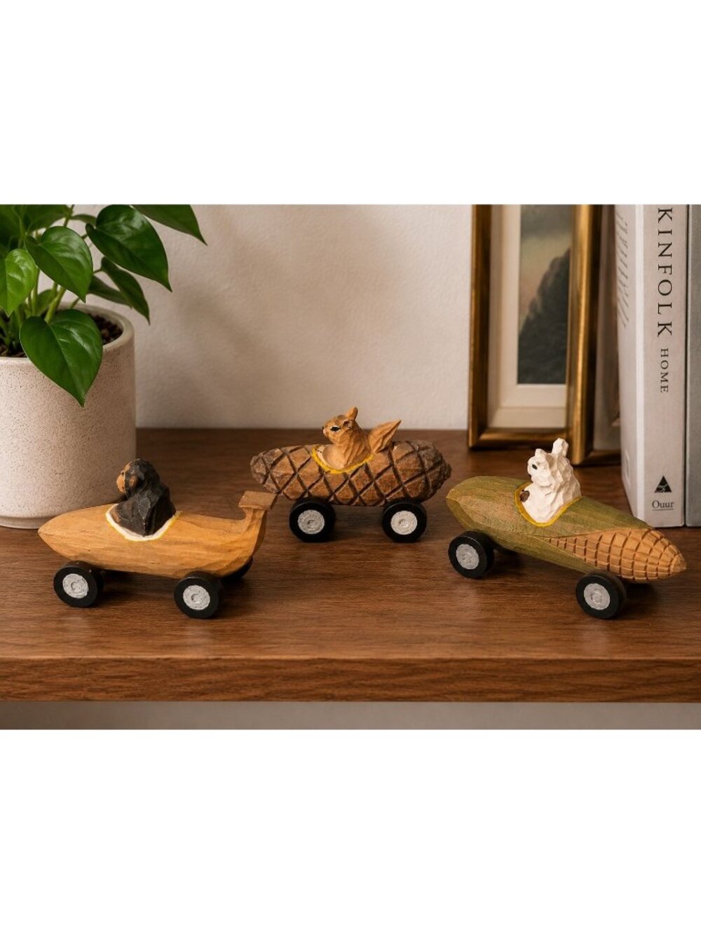 Hand Carved Wood Animal Racer Cars Gorilla Bear Bat Folk Art Set Of 3